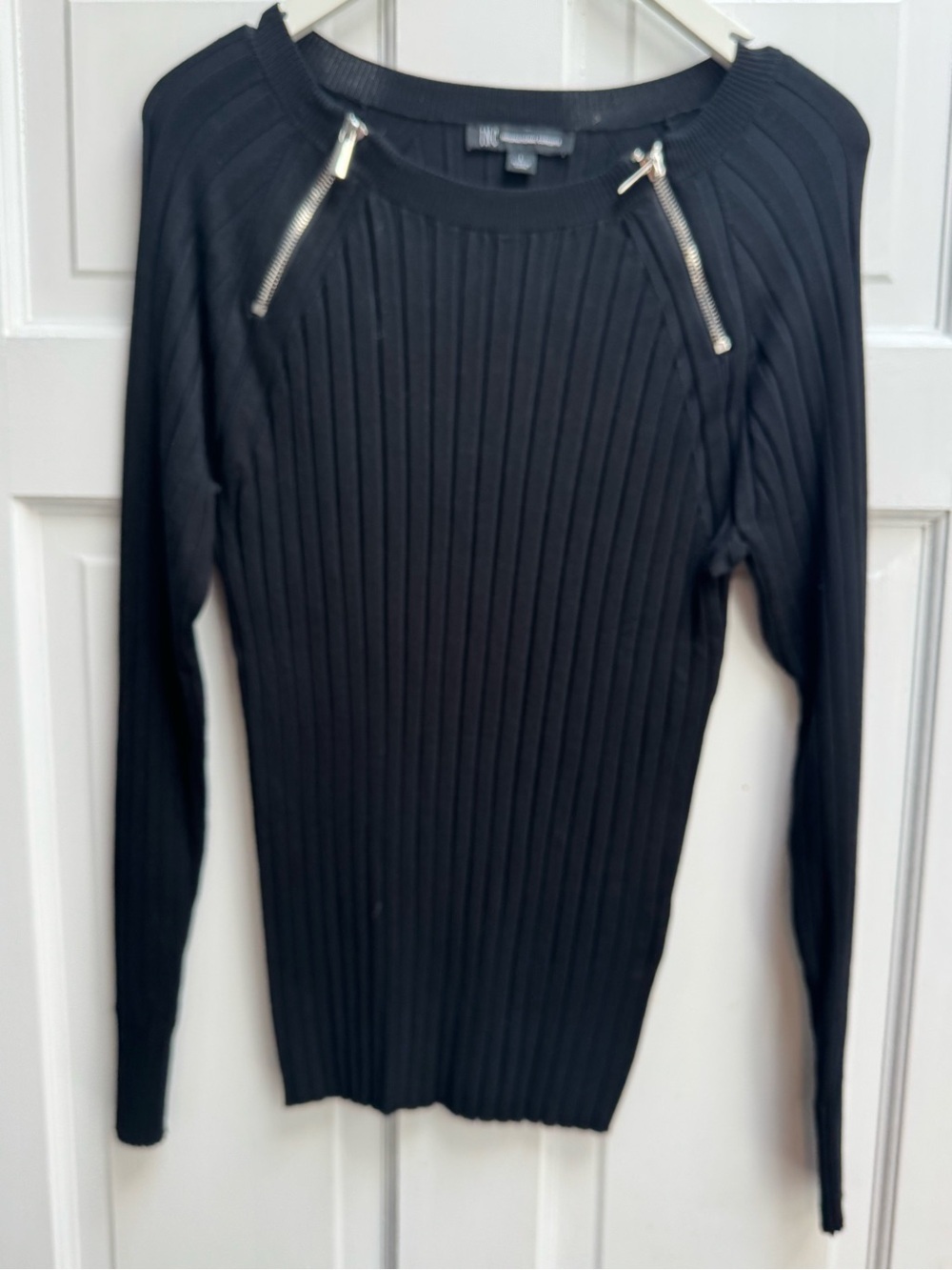 INC International Concepts Sweater  black long-sleeve ribbed zipper detail Macys
